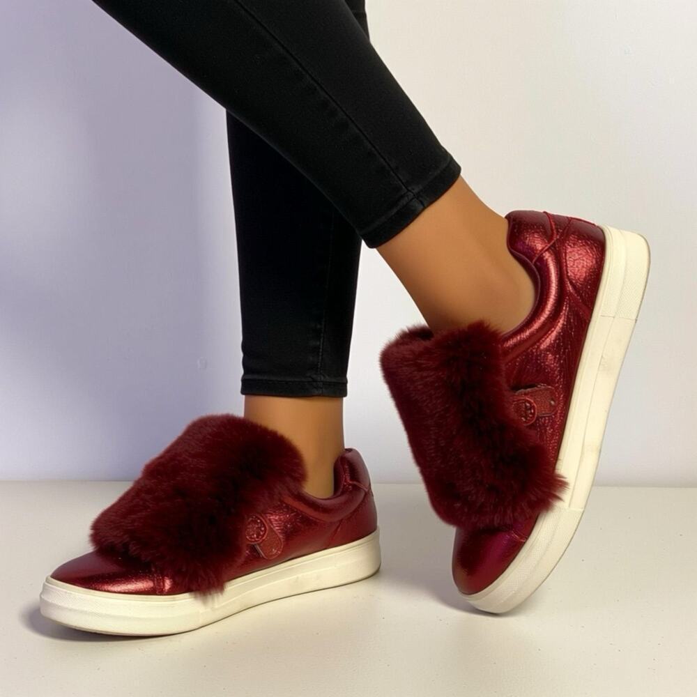 Treasure & Bond Shinny Maroon Faux Fur Women Junior Girl Shoes Sneakers Size 4
